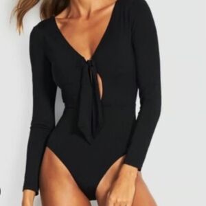 Seafolly Black Long Sleeve Tie-Front One-Piece Swimsuit